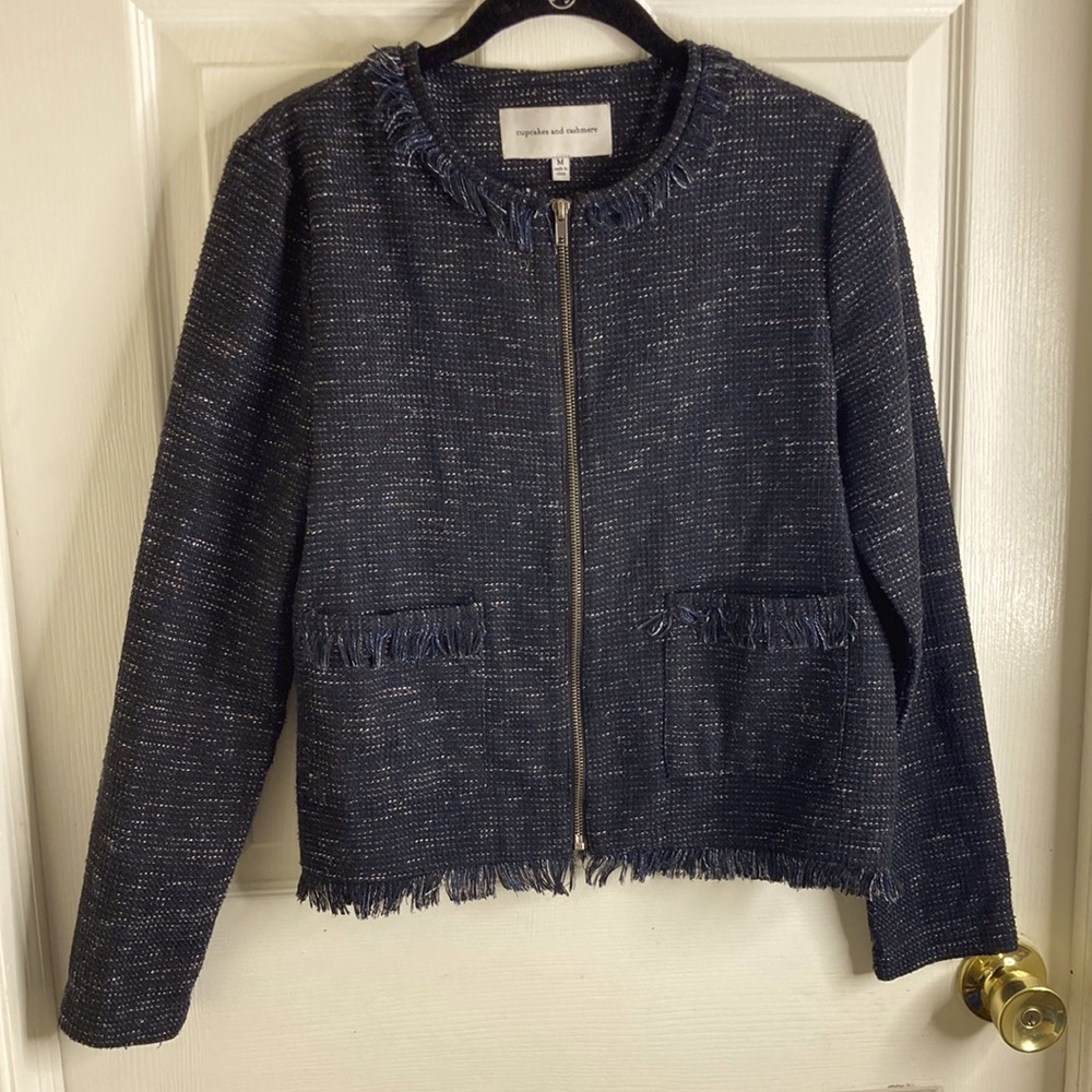 Cupcakes and Cashmere Navy Blue and white Blazer with Fringe Size M